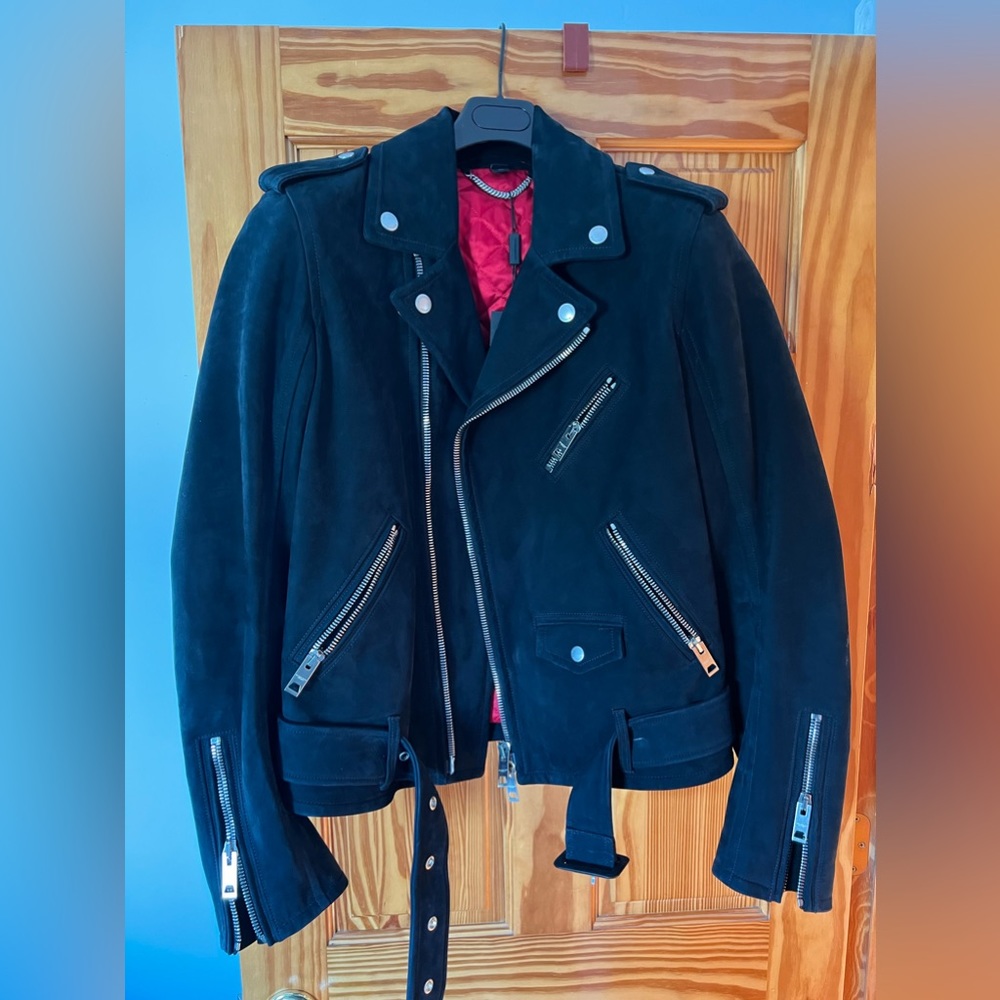 Burberry Prorsum (runway) navy blue suede motorcycle jacket, never worn. US 40